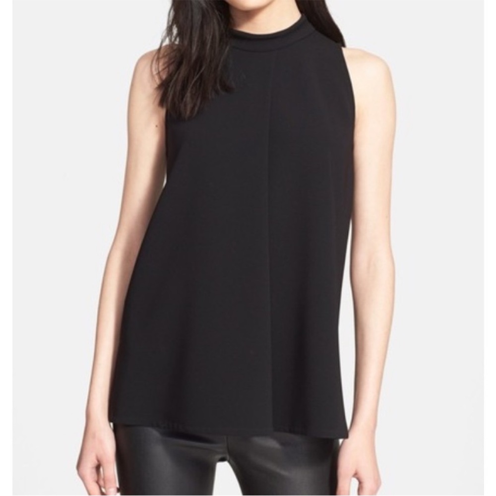 Theory Talniza Satin Black Crepe Sleeveless Mock Neck Blouse Size Small